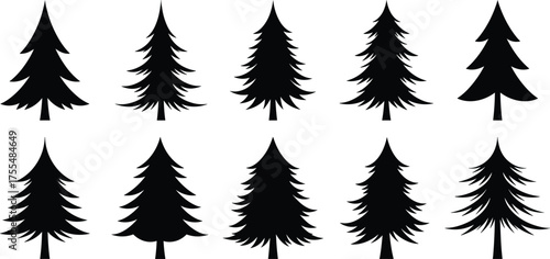 Pine tree silhouette vector collection of evergreen forest trees in black nature illustration for winter, Christmas, and landscape design