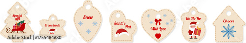 Vector illustration of a Christmas gift tag set with different festive designs — Santa Claus, snowflakes, red bows, sleigh, hearts, and text quotes such as “With Love,” “Ho Ho Ho,” and “From Santa.”