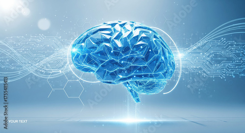 Fototapeta Naklejka Na Ścianę i Meble -  Futuristic digital brain polygonal blue structure artificial intelligence neural network technology innovation science data abstract glowing