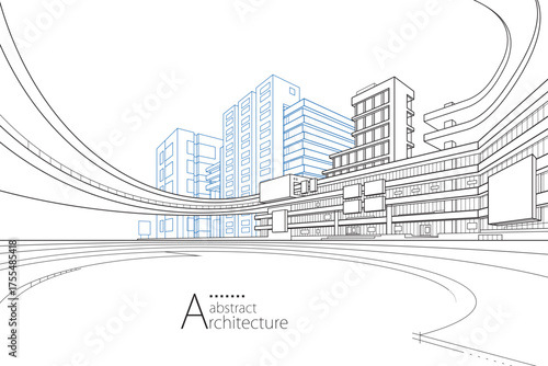 Abstract modern urban landscape line drawing, imaginative architecture building construction perspective design.