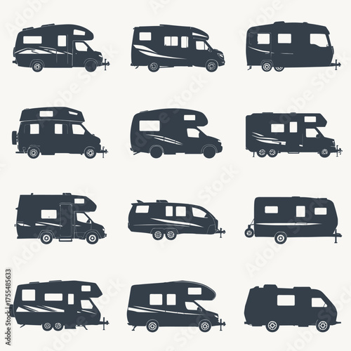 Collection of silhouetted recreational vehicles and campers