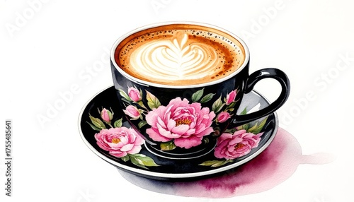 Latte art creating a heart shape on top of a hot coffee in a black cup, decorated with pink watercolor peony, resting on a matching saucer, elegant drink sticker concept home decor and wall art