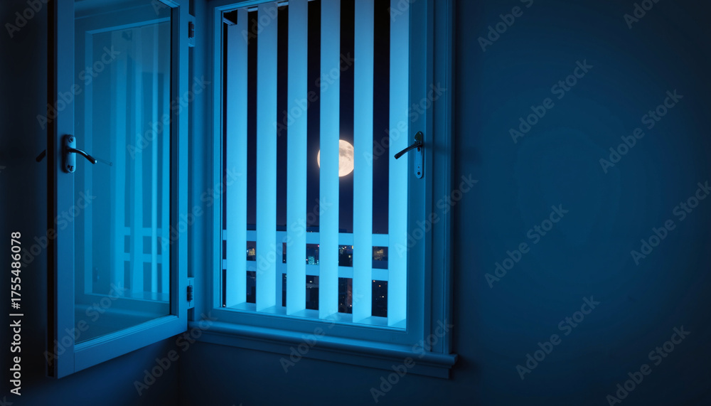 Fototapeta premium Moonlight filtering through blinds in urban apartment at night, serenity