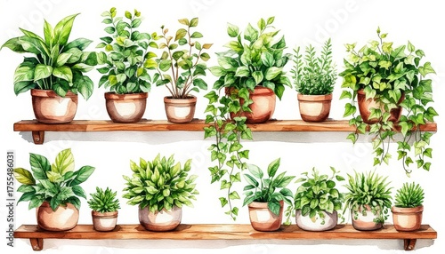 Potted houseplants collection on wooden shelves, creating a vibrant indoor garden displaying various green foliage types and natural home decor and wall art watercolor style sticker concept
