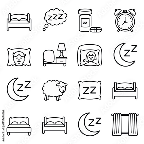Collection of simple line art icons representing sleep and insomnia concepts