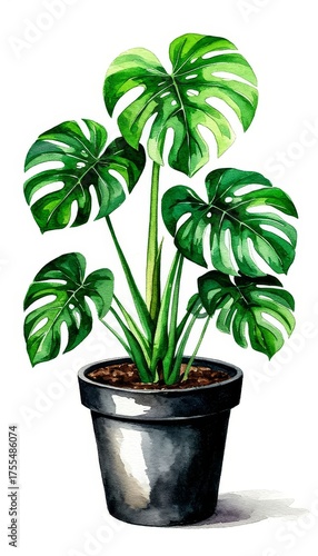 Monstera deliciosa plant watercolor art illustrating a popular houseplant with characteristic split leaves, growing in a black pot on white background, sticker concept home decor and wall art