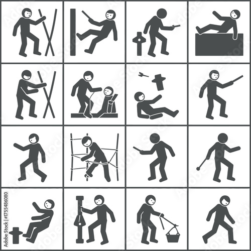 Collection of safety warning pictograms showing people in various hazardous situations