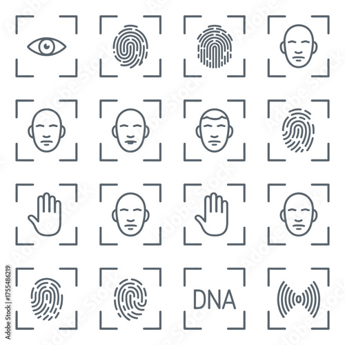 Collection of biometric identification icons including fingerprint face iris hand and dna