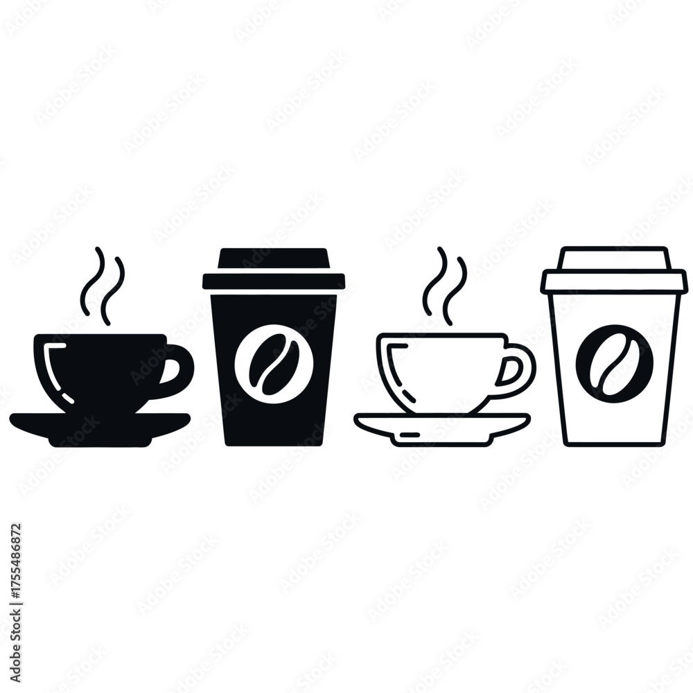 Obraz premium Black and white icons of coffee cups and to go cups