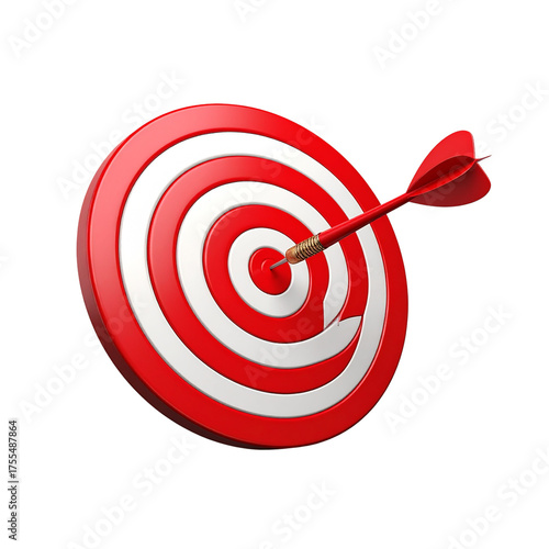 Red and white target board with a dart hitting the center, symbol of accuracy and success, white background, 3D realistic look 