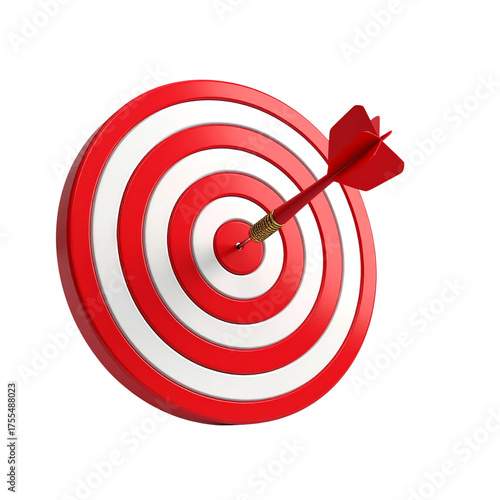 Red and white target board with a dart hitting the center, symbol of accuracy and success, white background, 3D realistic look