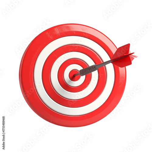 Red and white target board with a dart hitting the center, symbol of accuracy and success, white background, 3D realistic look