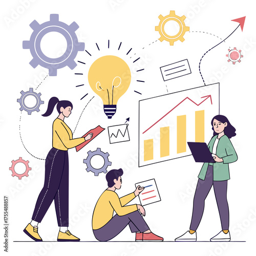 Vector illustration of a startup team brainstorming with charts, graphs, and light bulb symbols, modern flat style, isolated on white background.