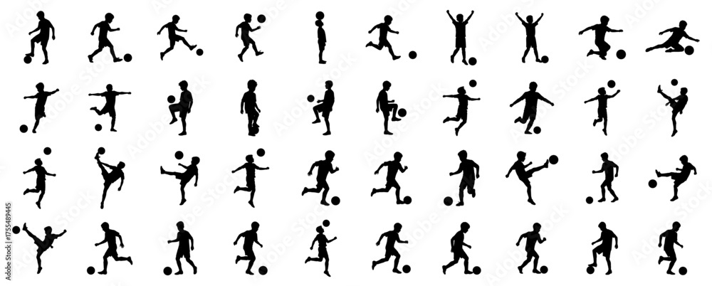 Fototapeta premium Boy Playing Soccer Silhouette Vector Illustration , Set Collection