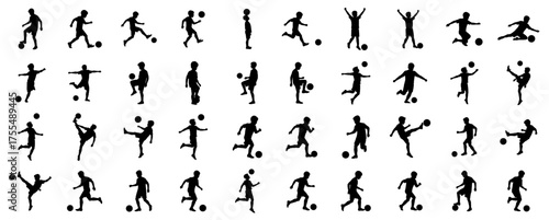 Boy Playing Soccer Silhouette Vector Illustration , Set Collection