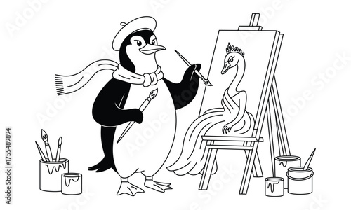 Wallpaper Mural Penguin artist in beret and scarf paints swan in regal attire on easel with art supplies painting Torontodigital.ca