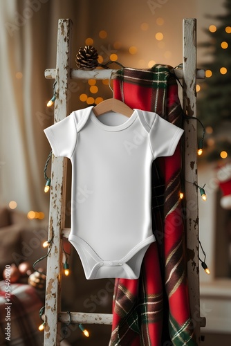 White baby bodysuit mockup hanging on a wooden ladder with fairy lights, plaid blanke. Perfect for baby clothing branding, Christmas product mockups, and cozy holiday marketing visuals.