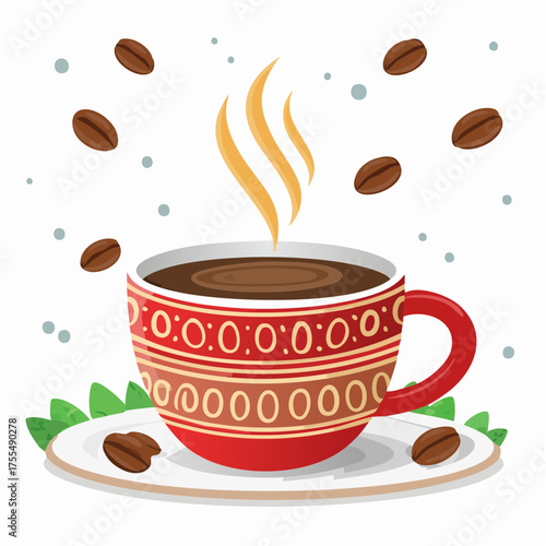 Cup of coffee with steam and scattered beans isolated on white background