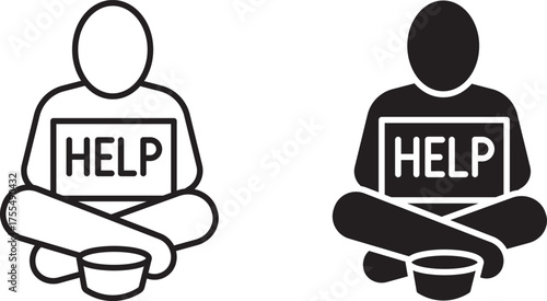 Person sitting  holding “HELP” sign icon, Poverty line icon set. Homless, hunger and poor concept. Vector illustration  