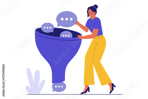 Illustration of Filter Comments and Content Moderation. Illustration of a Woman Sorting User Feedback to Manage Online Conversation and Social Media Activity