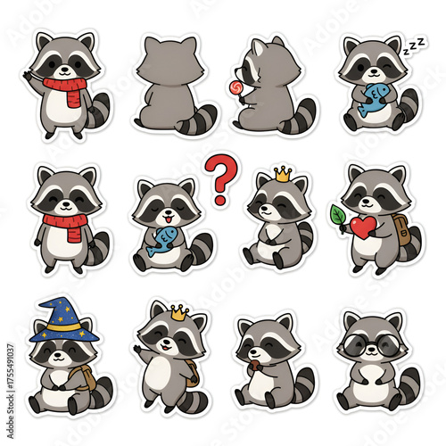 set of cartoon racoons style sticker 