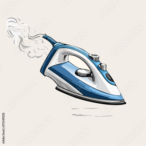 Electric iron isolated on beige background with steam illustration
