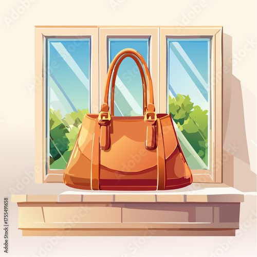 Elegant leather handbag displayed on a windowsill with natural sunlight