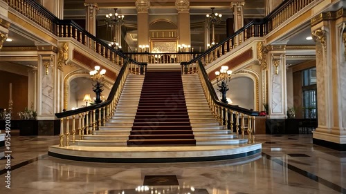 Grand staircase in an elegant lobby with a chandelier and marble flooring.