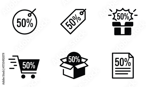 Wallpaper Mural Set of six icons representing 50 percent discount and sale promotions Keywords: fifty percent, 50%, discount, sale, promotion, offer, price tag, shopping cart, shopping bag, gift box, open box Torontodigital.ca