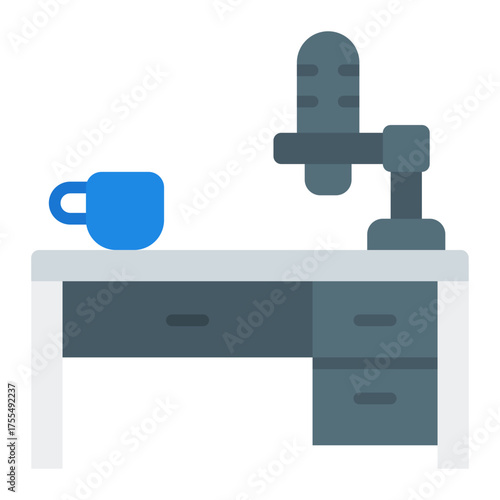 Podcast setup icon. Studio arrangement and recording equipment concept. Audio creation and podcast preparation illustration. Flat Icon