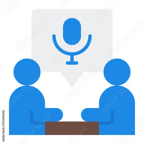 Podcast interview icon. Guest discussion and recorded talk concept. Audio content and voice conversation illustration. Flat Icon