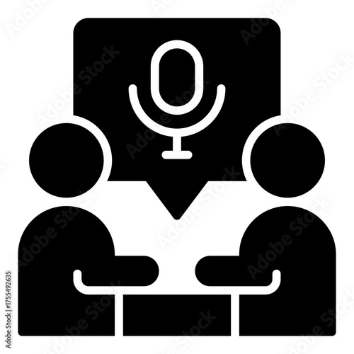 Podcast interview icon. Guest discussion and recorded talk concept. Audio content and voice conversation illustration. Glyph Icon