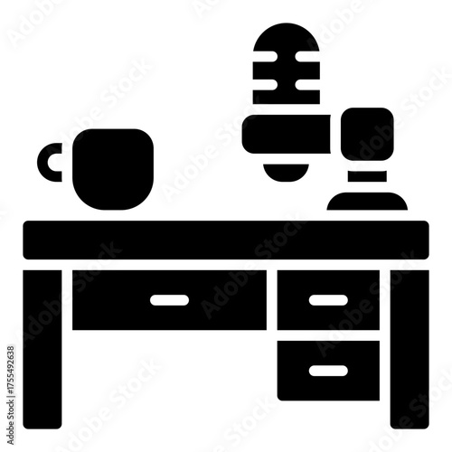 Podcast setup icon. Studio arrangement and recording equipment concept. Audio creation and podcast preparation illustration. Glyph Icon