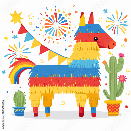 Festive colorful pinata with cactus and fireworks vector illustration