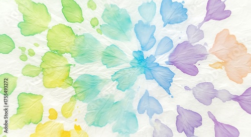 Tie dye abstract watercolor floral pattern with rainbow colors on white paper commercial usage