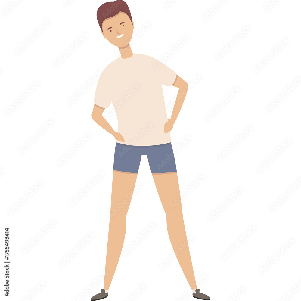 Fototapeta premium Cartoon Illustration Of A Person With Short Brown Hair Wearing A Light Pink T Shirt And Blue Shorts Doing Exercise With Hands On Hips And A Smile On Their Face In A Transparent Background