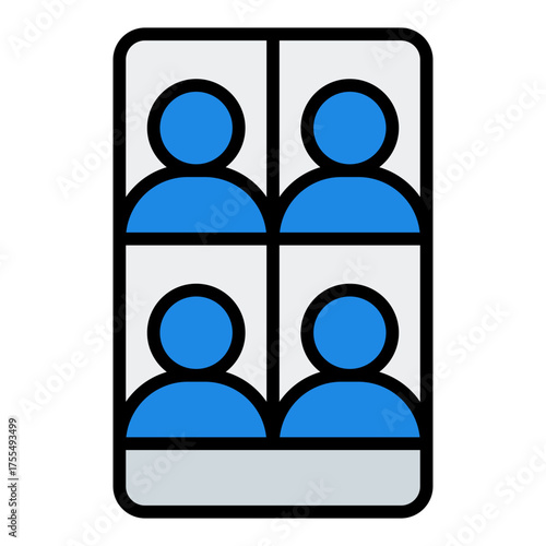 Group video chat icon. Team communication and remote conference concept. Virtual meeting and collaboration illustration. Filled Line Icon