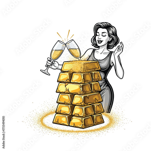 Stunning retro woman celebrating wealth with gold bars and champagne, perfect for finance, success, and investment themes, conveying luxury and aspiration