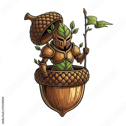Whimsical acorn knight illustration - perfect for fantasy game art, charming children's books, or nature-themed designs needing a heroic character