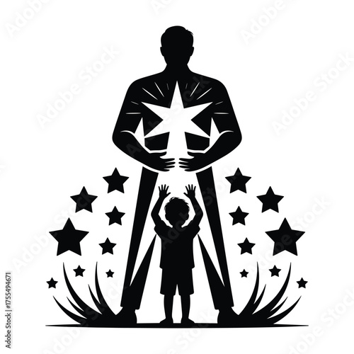 Wallpaper Mural Silhouette of a father towering over a child reaching for a star with surrounding stars and grass daughter Torontodigital.ca