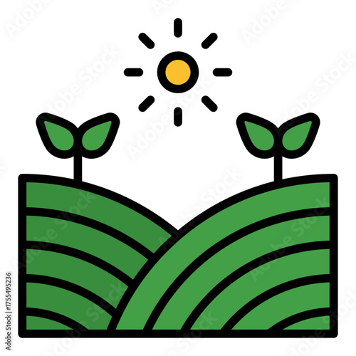 Farm field icon. Agricultural landscape and cultivation area concept. Irrigation system and crop management illustration. Filled Line Icon
