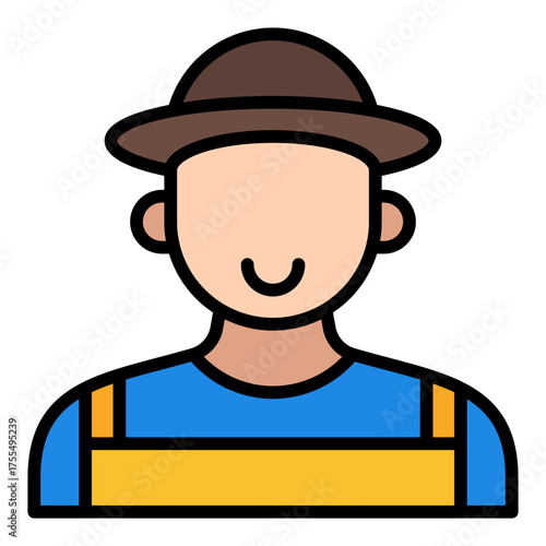 Farmer with hat icon. Agriculture worker and crop caretaker concept. Farm management and irrigation supervision illustration. Filled Line Icon