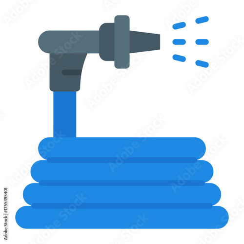 Water hose icon. Garden and field watering tool concept. Irrigation equipment and water flow illustration. Flat Icon