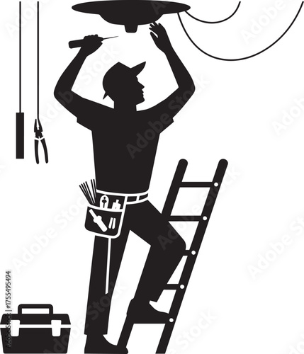 Electrician silhouette working on ceiling light fixture, man installing repairing electrical wiring