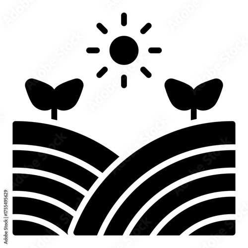 Farm field icon. Agricultural landscape and cultivation area concept. Irrigation system and crop management illustration. Glyph Icon