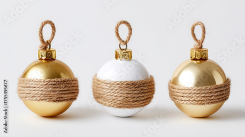 Decorative Christmas ornaments in gold and white, wrapped with natural twine, arranged in a minimalistic style, showcasing festive elegance and seasonal charm