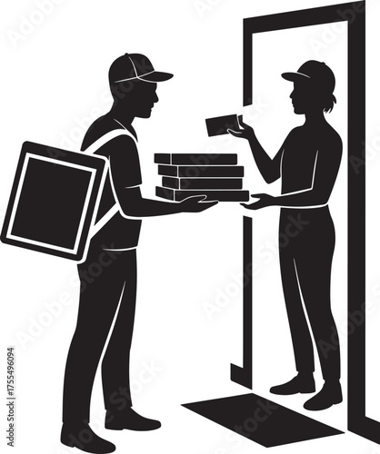 Pizza delivery person handing boxes to customer at doorstep service