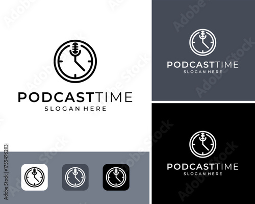 Podcast Microphone Talk Show Time Clock Creative Simple Line Icon Vector Logo Design Illustration