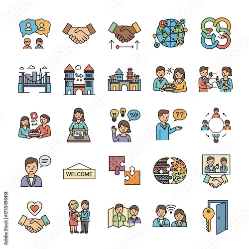 Vector SVG Icon Set of Business and Social Interaction Symbols in Flat Style with Colorful Design
