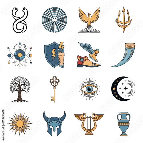 Vector Modern Line Art SVG Icon Set with Abstract Symbols and Mythological Elements in Minimalist Style